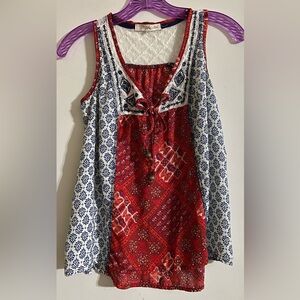 Rewind Red and Blue Patterned Blouse Thai front with beads